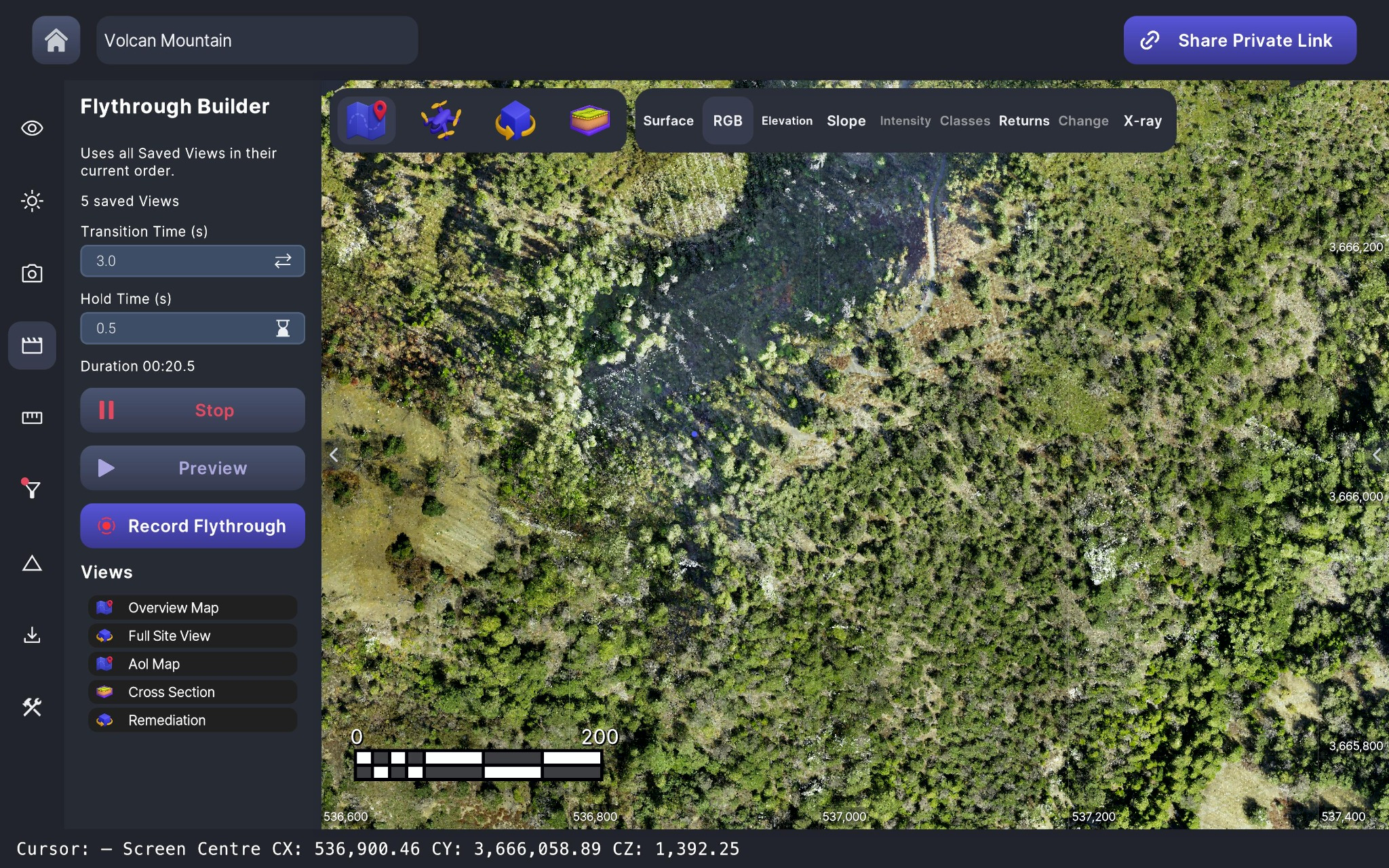 PurpleGeo's Flythrough Builder at Volcan Mountain, showing five saved views, transition and hold times, and preview and recording controls