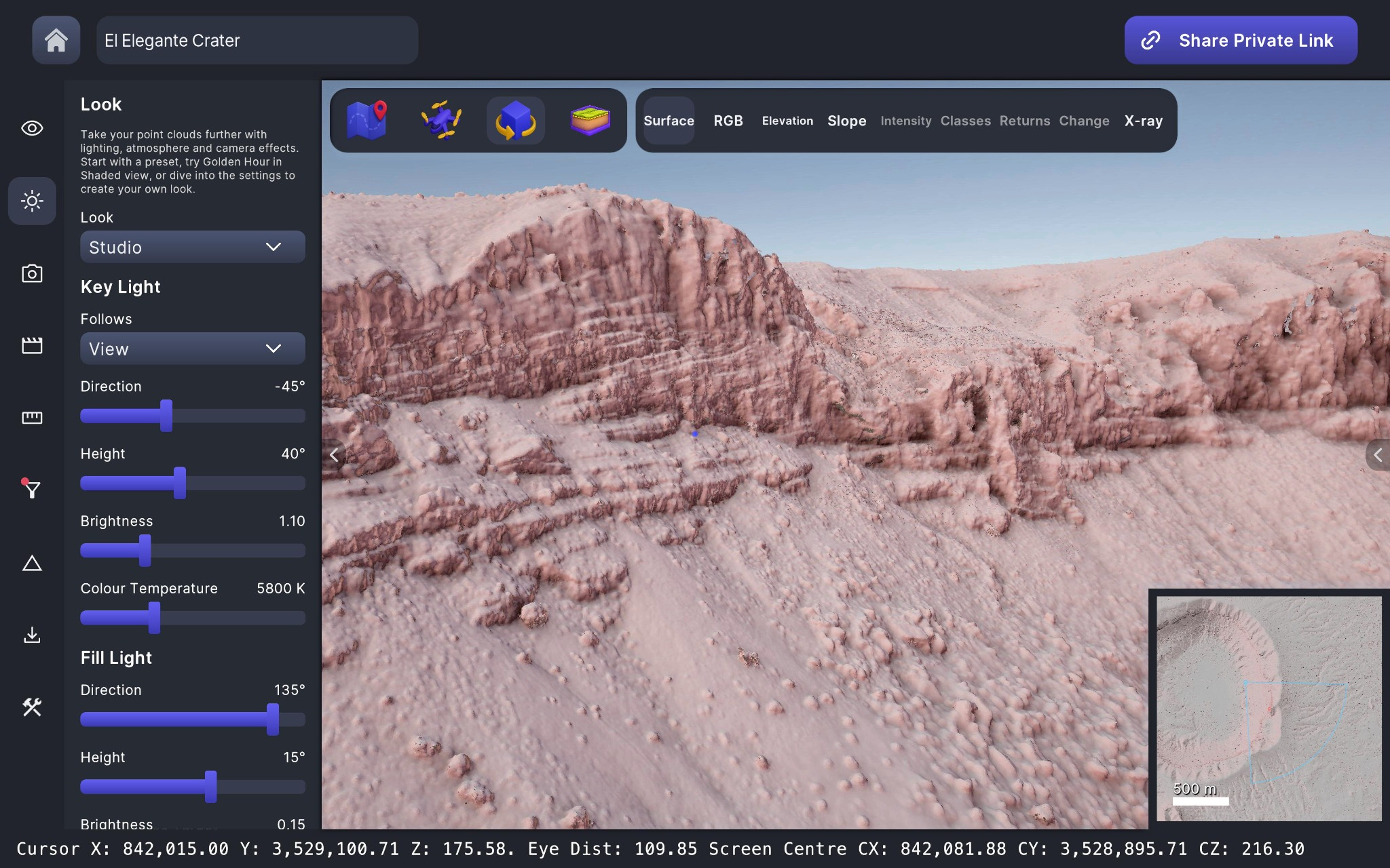 The same El Elegante Crater view in PurpleGeo's Surface mode, with shading revealing the rock face geometry